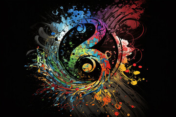 On a black background with a splash effect, there is an illustration of a colorful music stave and treble clef. AI