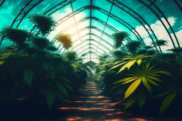 cannabis plants with bright green leaves and inflorescences in greenhouse, created with generative ai