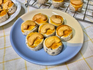 Cashew Nut Cookies Grain on Plate Table Serve Baked Bakery Baking Background Photo Food Sweet Close up Homemade Snack Tea Break Top View Vintage Dessert Singapore Cookie Morning Breakfast Yellow White