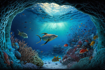 Fototapeta na wymiar Tropical seabed with a reef and sunshine creates an underwater scene. AI