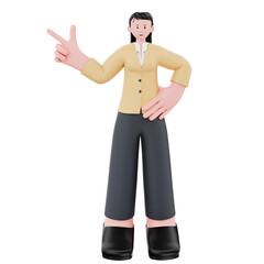 3D Character Businesswoman pointing at left