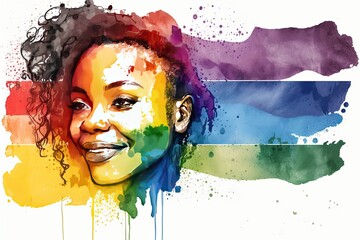 Abstract watercolor portrait of joyful African lesbian with rainbow flag, rendered in a minimalistic style. Generative AI