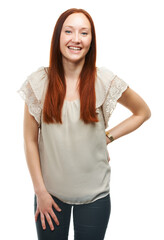 Fototapeta premium Feeling the joy. Studio shot of a beautiful young woman isolated on white.