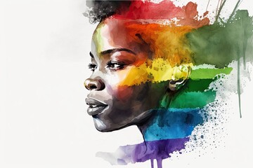 Abstract watercolor portrait of joyful African lesbian with rainbow flag, rendered in a minimalistic style. Generative AI