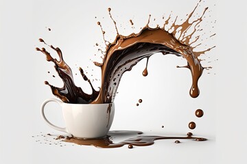 a mug of coffee spilling out on a white background. Generative AI