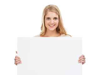 Naklejka premium Shell help spread your message. Studio portrait of an attractive woman holding up a blank placard isolated on white.