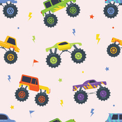 Monster truck cartoon seamless pattern wallpaper background vector illustration © Freshcare