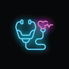 Stethoscope icon outline vector. Heart surgeon. Doctor medical neon color isolated on black