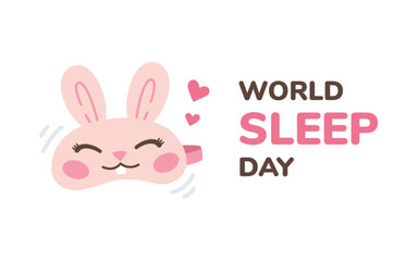 World Sleep Day banner, postcard with kids sleeping mask and text. Vector illustration for international holiday. Cartoon style, flat design