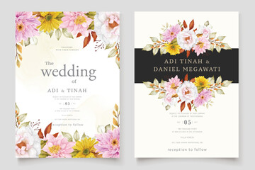 wedding invittaion with floral and leaves ornament