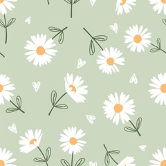 Obraz premium Seamless pattern with daisy flower and hand drawn hearts on green background vector illustration. Cute floral print.