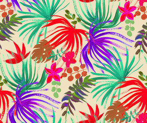 modern bright seamless pattern with tropical palm leaves and colorful dried flowers for fashion textiles