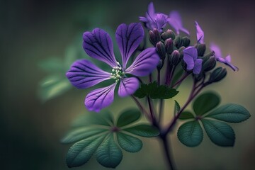 Beautiful violet flower with thin branches and background of hazy greenery. Close up photography. Generative AI