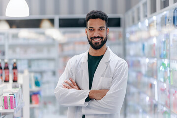 Portrait of young multiracial pharmacist looking at camera, standing in a pharmacy shop.