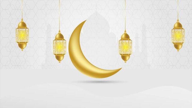 Eid greeting motion design. Beautiful islamic eid mubarak design concept with hanging lantern and moon elements