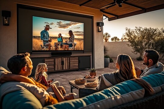 A family gathers in their backyard to enjoy a movie night, with a large screen set against a backdrop of lush plants and evening light.