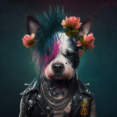 portrait of a pet punk  rock  flower fashion dog, generative ai