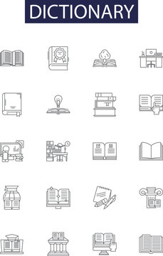 Dictionary line vector icons and signs. Vocabulary, Glossary, Onomasticon, Thesaurus, Roget, Manzoni, Encyclopedia, Concordance outline vector illustration set