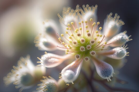 hazy close up of a lovely blossom in bloom. macro image showing the plant's structure. Generative AI