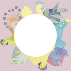 Watercolor hand drawn easter frame with chicken, egg and herb pink color