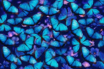 Blue butterflies and luminous flowers. Picturesque shimmering background in vibrant purple and blue shades.