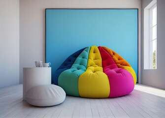 Unique seating such as oversized bean bag chairs with colorful floor pillows in the room