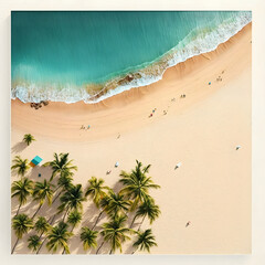 Beach Sand Sea Shore with Blue wave and white foamy summer background,Aerial beach top view overhead seaside. Generative Ai