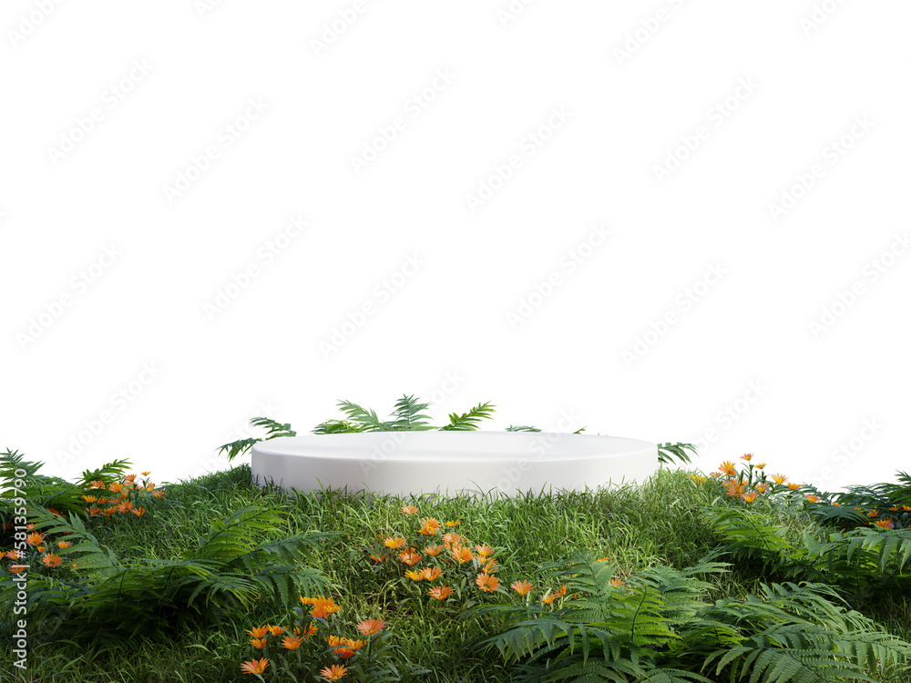 Wall mural white podium in meadow for product presentation and on transparent background.3d rendering