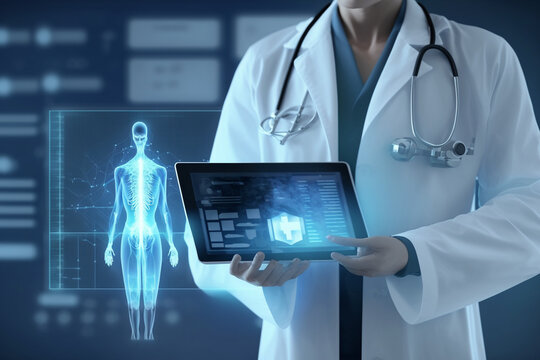 Mid section of a female doctor using a digital tablet against medical data processing on a blue background, Generative AI	
