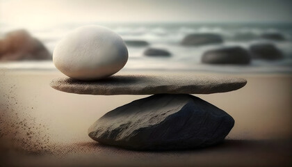 Symbolic scales of stones against the background of the sea and blue sky. Concept of harmony and balance. Generative Ai