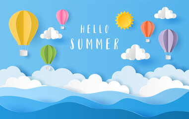 Paper art style of hot air balloons with hello summer text on blue sky. Vector illustration - obrazy, fototapety, plakaty