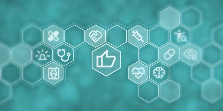 Graphique représentant le symbole positif d'un médecin, de la médecine et de l'aide. Icônes de satisfaction, de traitement et de soins médicaux en réseau sur fond d'image.