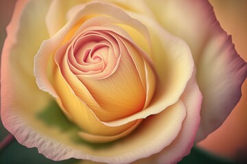 Close up macro picture of a rose flowerhead with a pastel yellow base and pink border. Generative AI