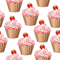 Seamless pattern delicious cream cake decorated with strawberries on a white background.Vector dessert pattern for pastry shops,restaurants,textiles,backgrounds,packages.