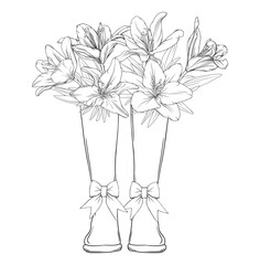 black and white coloring with rubber boots and a bouquet of flowers. vector illustration hand drawn in outline with boots in which lily flowers
