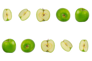 Falling green apple slice isolated on white background.