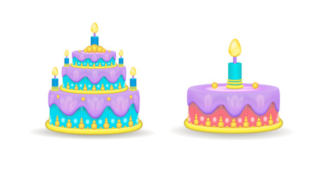Children's birthday cake with icing and candles.
Vector illustration of a 3d icon. Birthday cake, icon.