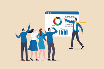 Staff training, seminar or workshop to learn new skills, coaching or team discussion, business course, meeting or consulting concept, smart businessman coaching with presentation to company employees.