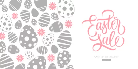 Fotobehang Easter Sale promotional banner. Easter season background with hand lettering and Easter eggs. Vector illustration. © FineVector