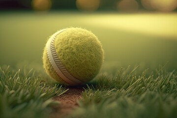 tennis ball with a soft focus on a grass court. Generative AI