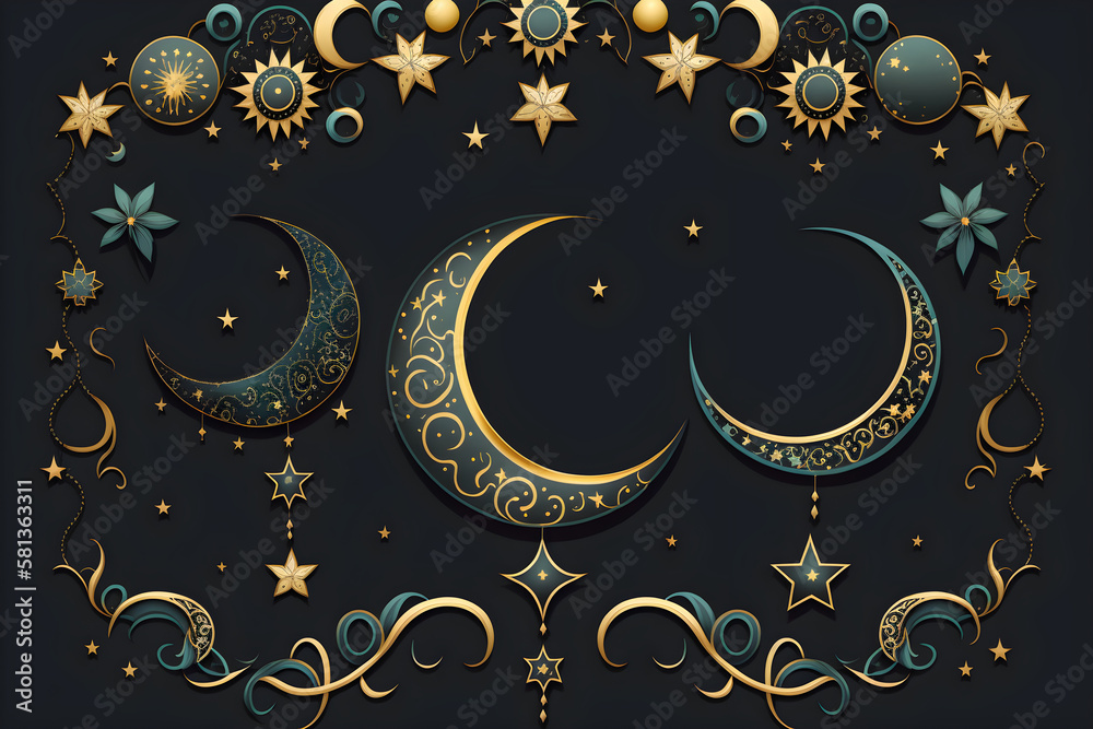 Wall mural vector illustration of a decorative traditional arabic moon and stars on a dark background, ramadan,