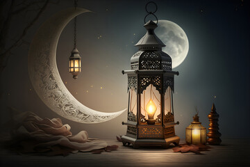 Arabic lantern with burning candle shining at night on a brown wooden table, moon in the evening sky, Ramadan, Generative AI 1