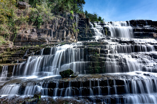 View scene stunning waterfall in the rainforest Pongour near Da Lat city, Vietnam