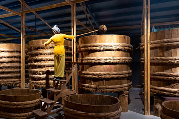Image recreating the traditional way of making fish sauce of fishermen living in Phan Thiet sea...