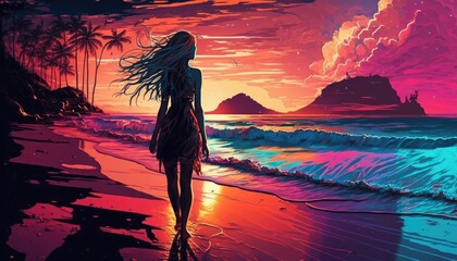 A young woman walking along a tropical beach, silhouetted by the sunset.with her long hair blowing in the breeze.