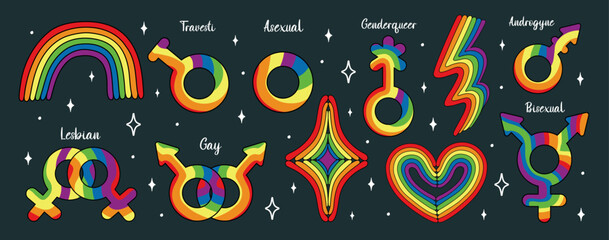 Set of LGBTQ community symbols. Pride month stickers. Sexual orientation icons.