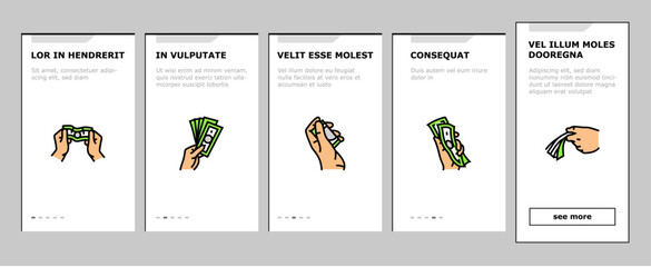 money cash payment dollar finance onboarding icons set vector