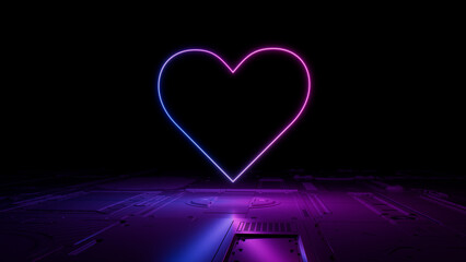 Pink and Blue Love Technology Concept with heart symbol as a neon light. Vibrant colored icon, on a black background with high tech floor. 3D Render