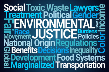 Environmental Justice Word Cloud on Blue Background