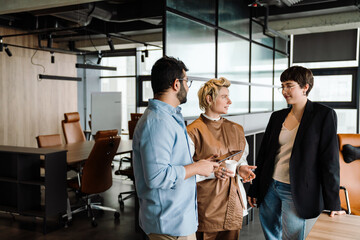 Group of colleagues having discussion during meeting in office